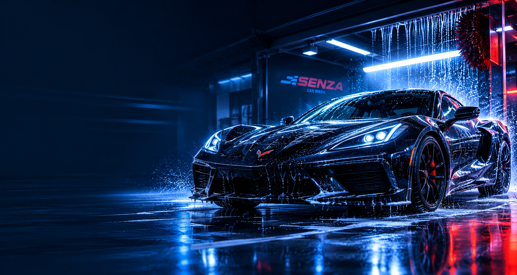 Corvette negro bajo luces de lavado Senza